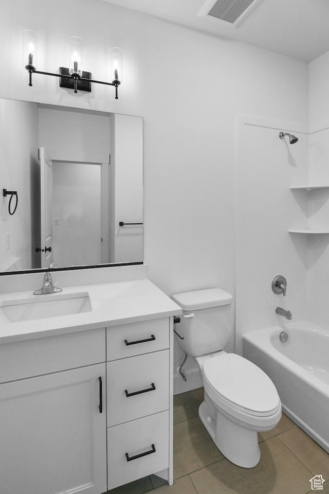 bathroom featuring shower / bath combination, visible vents, tile patterned floors, vanity, and toilet
