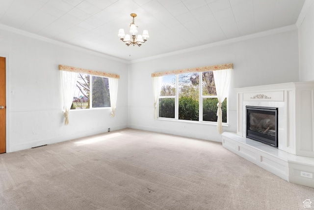 394 W 100 N, Mount Pleasant, UT 84647 - unfurnished living room with crown molding, carpet, and a notable chandelier