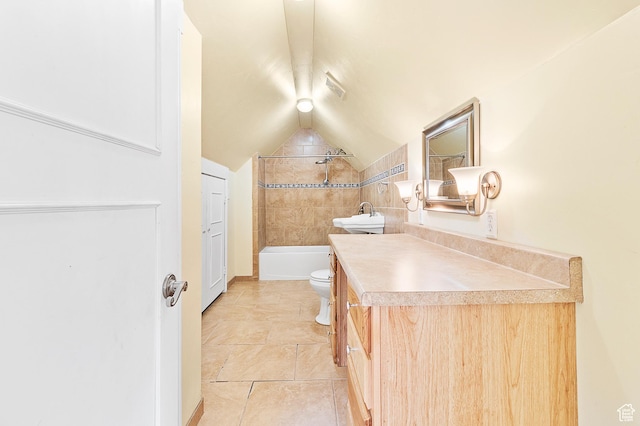 394 W 100 N, Mount Pleasant, UT 84647 - bathroom with visible vents, vanity, toilet,  shower combination, and vaulted ceiling
