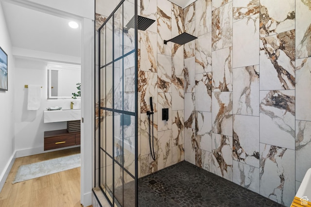4758 S Ichabod St, Holladay, UT 84117 - full bathroom with wood finished floors, a shower stall, and vanity