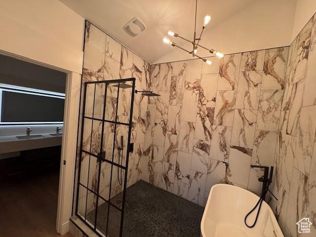 4758 S Ichabod St, Holladay, UT 84117 - bathroom with a freestanding bath, a walk in shower, visible vents, and a notable chandelier