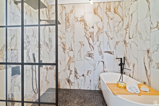 4758 S Ichabod St, Holladay, UT 84117 - bathroom with a freestanding tub, a walk in shower, and tile walls