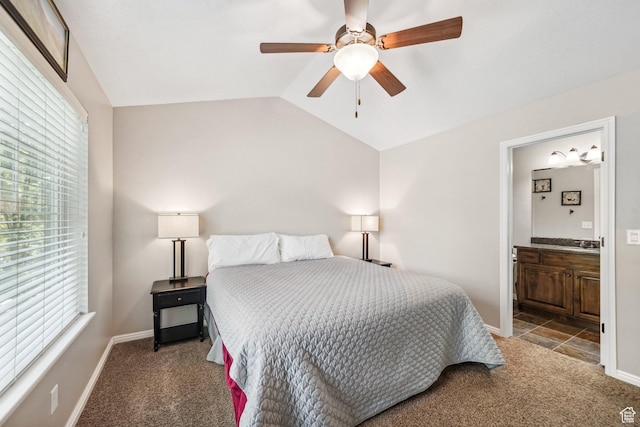 1069 N Independence Ave, Provo, UT 84604 - carpeted bedroom featuring vaulted ceiling, connected bathroom, baseboards, and ceiling fan