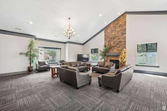 1069 N Independence Ave, Provo, UT 84604 - living room featuring high vaulted ceiling, carpet, a chandelier, a fireplace, and recessed lighting