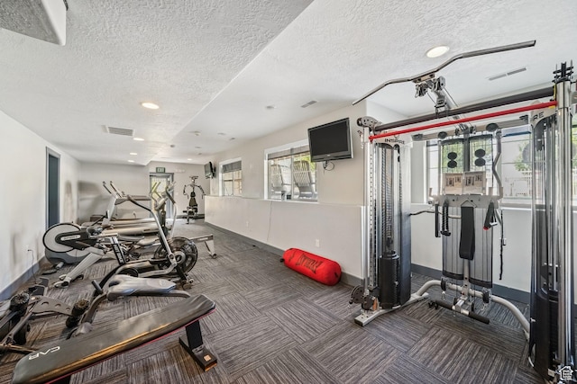 1069 N Independence Ave, Provo, UT 84604 - workout area featuring baseboards, a textured ceiling, recessed lighting, and carpet floors