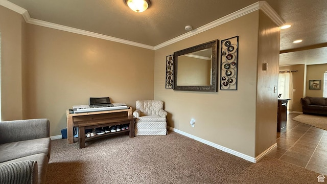 1069 N Independence Ave, Provo, UT 84604 - sitting room with ornamental molding, baseboards, carpet flooring, a textured ceiling, and recessed lighting