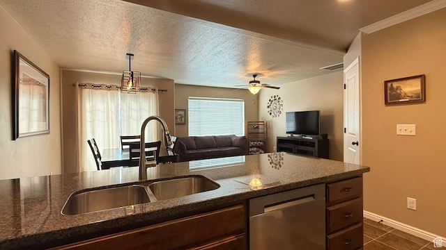 1069 N Independence Ave, Provo, UT 84604 - kitchen with dishwasher, a sink, dark stone countertops, dark tile patterned floors, and ceiling fan