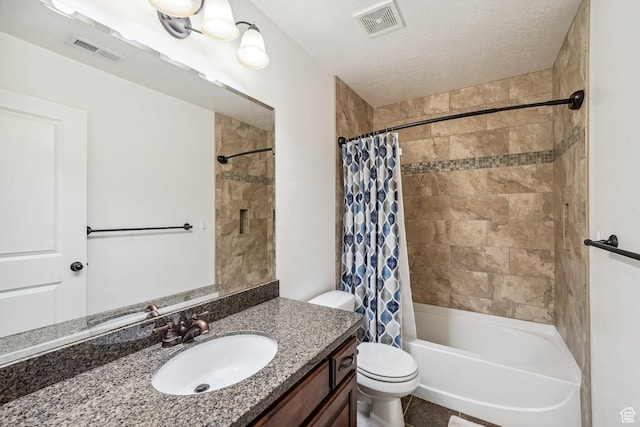 1069 N Independence Ave, Provo, UT 84604 - bathroom featuring vanity, toilet, shower / bath combo, and a textured ceiling