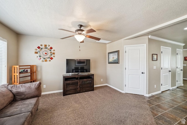 1069 N Independence Ave, Provo, UT 84604 - living area with a ceiling fan, a textured ceiling, baseboards, and ornamental molding