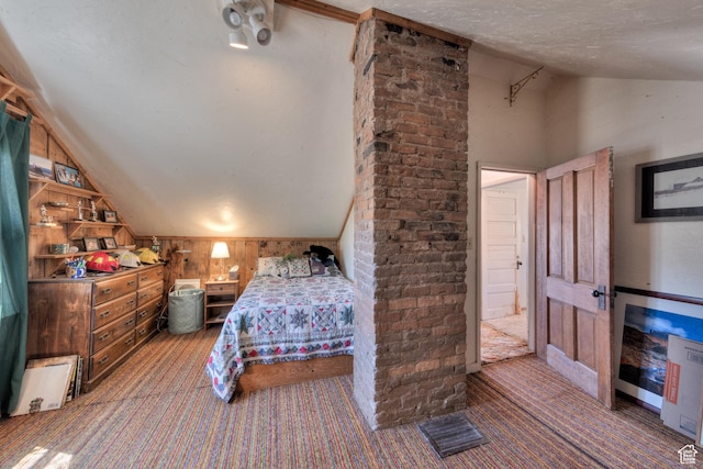 210 S 400 E, Moab, UT 84532 - bedroom with lofted ceiling, carpet floors, wood walls, and a textured ceiling