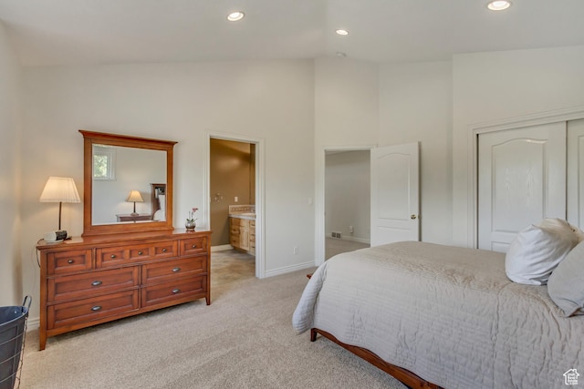 11362 Palisade View Dr, South Jordan, UT 84095 - bedroom with light colored carpet, high vaulted ceiling, recessed lighting, baseboards, and ensuite bathroom