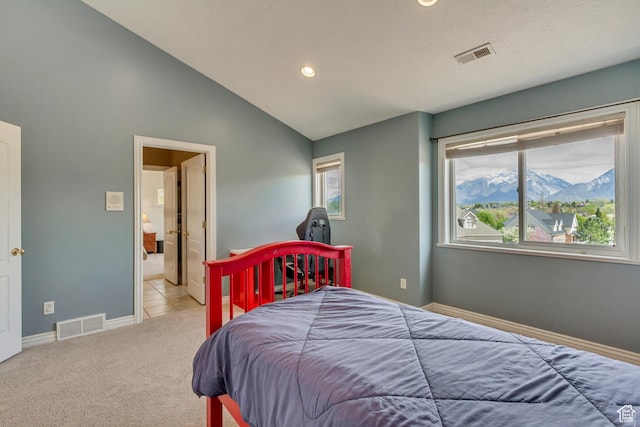 11362 Palisade View Dr, South Jordan, UT 84095 - carpeted bedroom with baseboards, lofted ceiling, recessed lighting, and visible vents