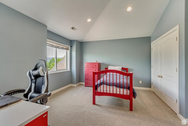 11362 Palisade View Dr, South Jordan, UT 84095 - bedroom with carpet floors, baseboards, visible vents, and lofted ceiling