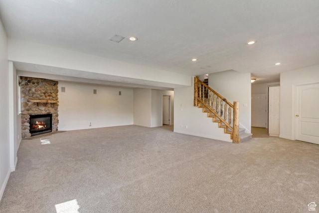 11362 Palisade View Dr, South Jordan, UT 84095 - unfurnished living room with stairway, light carpet, and recessed lighting