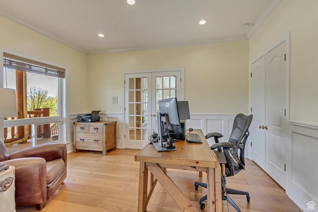 11362 Palisade View Dr, South Jordan, UT 84095 - office with french doors, ornamental molding, light wood-style flooring, and a wainscoted wall