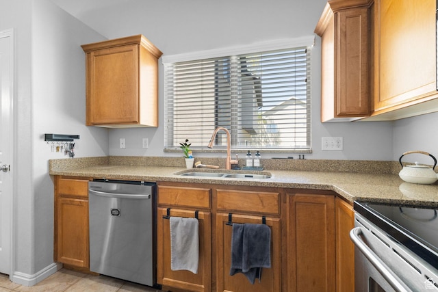 10751 S Pine Shadow Rd W, South Jordan, UT 84009 - kitchen featuring stainless steel dishwasher, a sink, brown cabinetry, light countertops, and light tile patterned floors