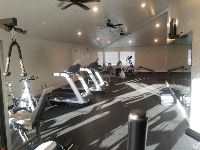 10751 S Pine Shadow Rd W, South Jordan, UT 84009 - workout area with a ceiling fan, recessed lighting, lofted ceiling, and baseboards