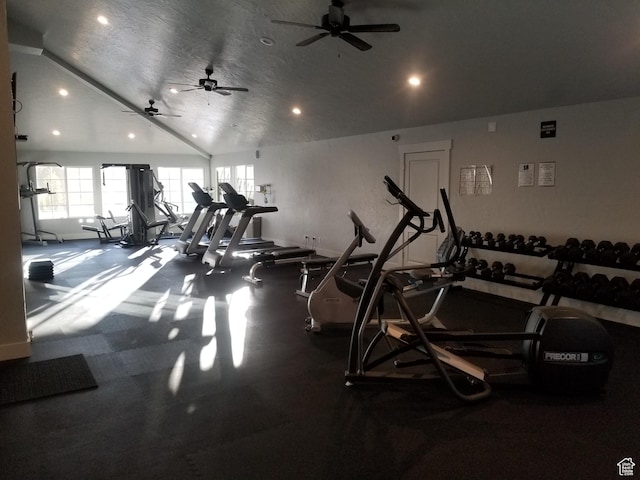 10751 S Pine Shadow Rd W, South Jordan, UT 84009 - exercise room featuring recessed lighting, lofted ceiling, and a ceiling fan
