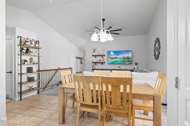 10751 S Pine Shadow Rd W, South Jordan, UT 84009 - dining room featuring ceiling fan, vaulted ceiling, and light tile patterned floors