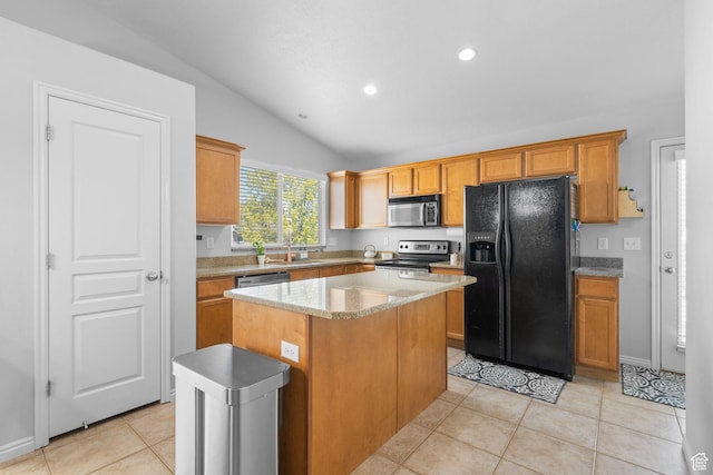 10751 S Pine Shadow Rd W, South Jordan, UT 84009 - kitchen with stainless steel appliances, vaulted ceiling, a center island, recessed lighting, and a sink