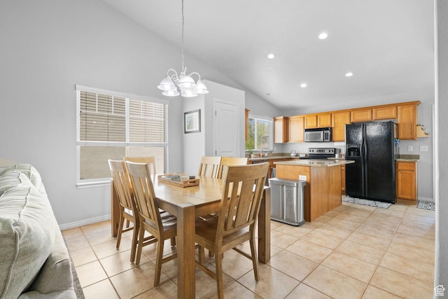 10751 S Pine Shadow Rd W, South Jordan, UT 84009 - dining room with vaulted ceiling, light tile patterned floors, a chandelier, recessed lighting, and baseboards