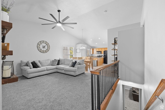 10751 S Pine Shadow Rd W, South Jordan, UT 84009 - living room featuring light carpet, a ceiling fan, vaulted ceiling, baseboards, and a chandelier