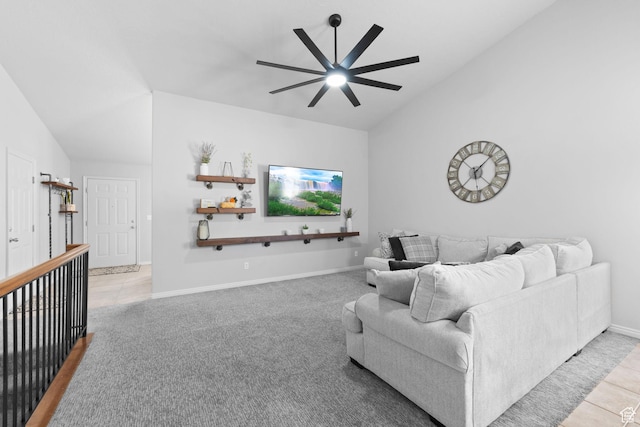 10751 S Pine Shadow Rd W, South Jordan, UT 84009 - tiled living area featuring ceiling fan, vaulted ceiling, and baseboards