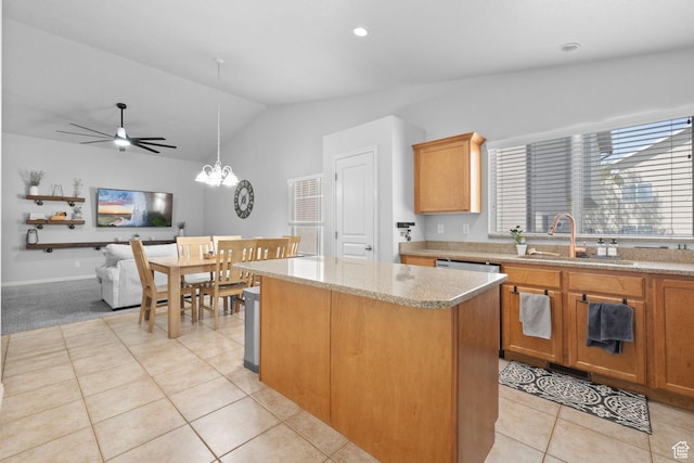 10751 S Pine Shadow Rd W, South Jordan, UT 84009 - kitchen featuring a sink, vaulted ceiling, a center island, ceiling fan, and light tile patterned floors