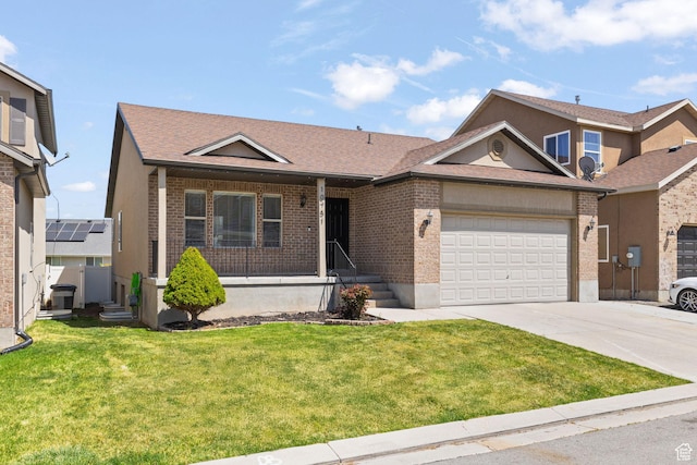 10751 S Pine Shadow Rd W, South Jordan, UT 84009 - ranch-style home with brick siding, an attached garage, concrete driveway, covered porch, and a front yard