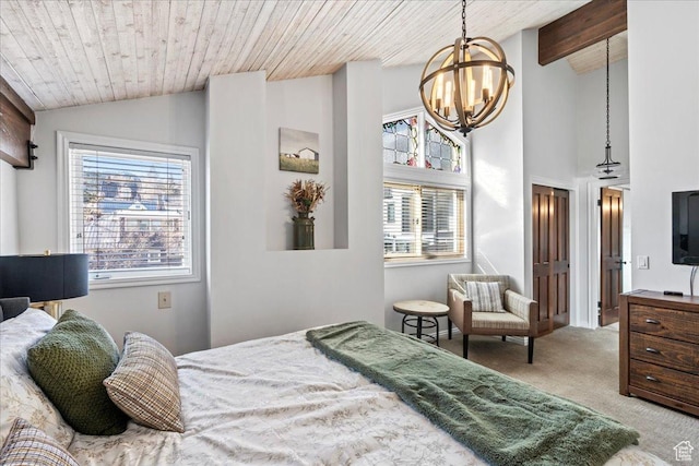 bedroom with carpet, a chandelier, vaulted ceiling, and wood ceiling