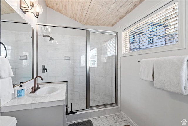 bathroom featuring wood ceiling, baseboards, a shower stall, and marble finish floor