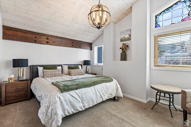 carpeted bedroom featuring an inviting chandelier, baseboards, vaulted ceiling, and wood ceiling