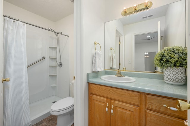 1864 S Crockett Cir, Bloomington, UT 84790 - bathroom with vanity, tile patterned flooring, visible vents, toilet, and a shower with curtain