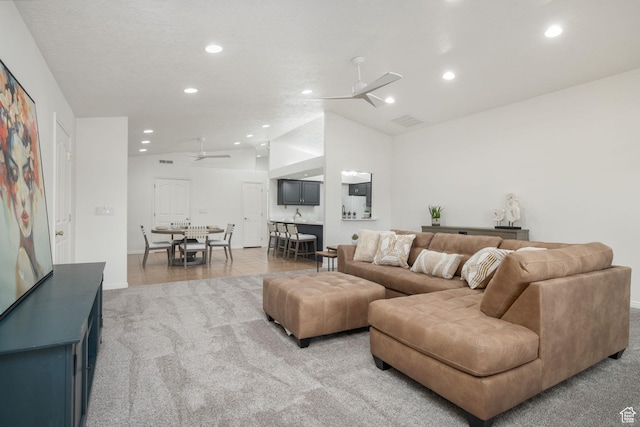 1864 S Crockett Cir, Bloomington, UT 84790 - living room with ceiling fan, light carpet, vaulted ceiling, and recessed lighting