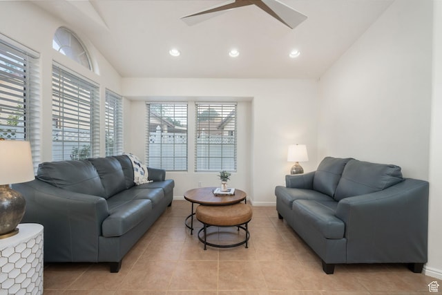 1864 S Crockett Cir, Bloomington, UT 84790 - living area with lofted ceiling, baseboards, recessed lighting, a ceiling fan, and light tile patterned floors