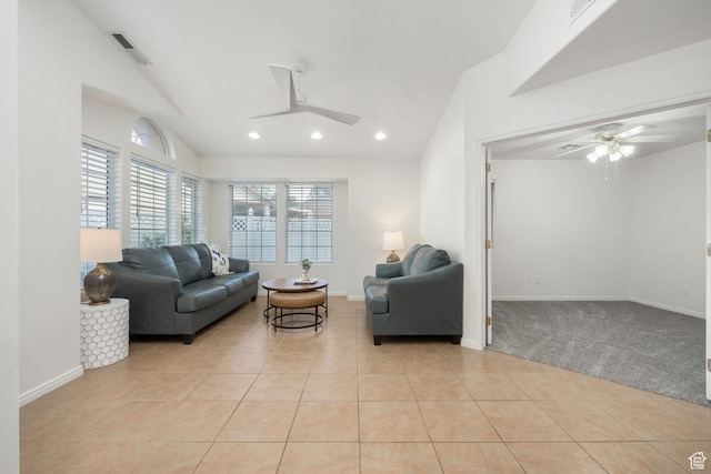 1864 S Crockett Cir, Bloomington, UT 84790 - living room with ceiling fan, vaulted ceiling, and light tile patterned floors