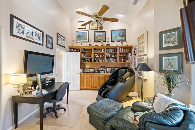 1026 Wesley Powell Dr, St George, UT 84790 - office area featuring visible vents, a ceiling fan, vaulted ceiling, and light carpet