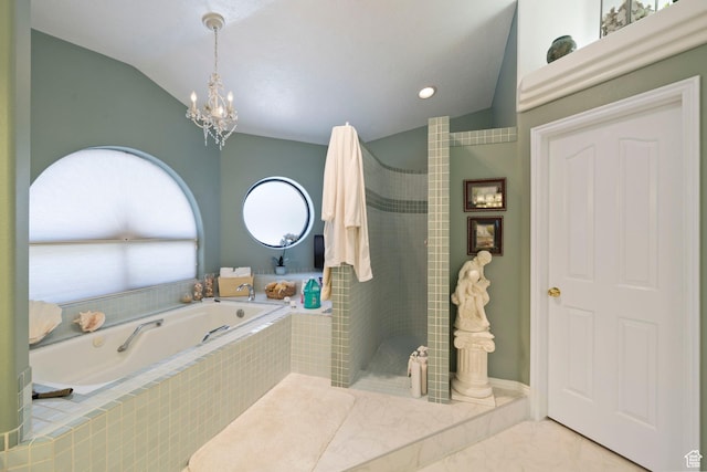 1026 Wesley Powell Dr, St George, UT 84790 - bathroom featuring a walk in shower, an inviting chandelier, lofted ceiling, and a garden tub