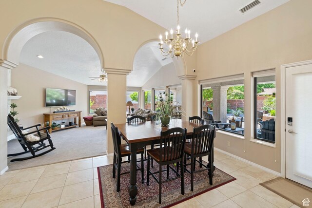 1026 Wesley Powell Dr, St George, UT 84790 - dining area with visible vents, decorative columns, lofted ceiling, light tile patterned flooring, and arched walkways