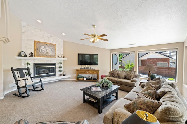 1026 Wesley Powell Dr, St George, UT 84790 - living area featuring a ceiling fan, a textured ceiling, visible vents, and lofted ceiling