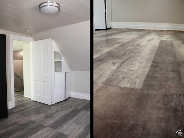 additional living space featuring a textured ceiling, baseboards, wood finished floors, and lofted ceiling