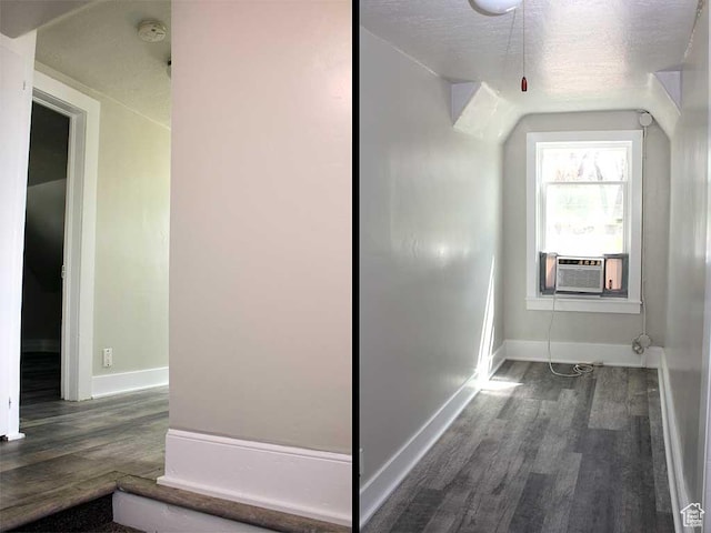 interior space with a textured ceiling, baseboards, wood finished floors, and cooling unit