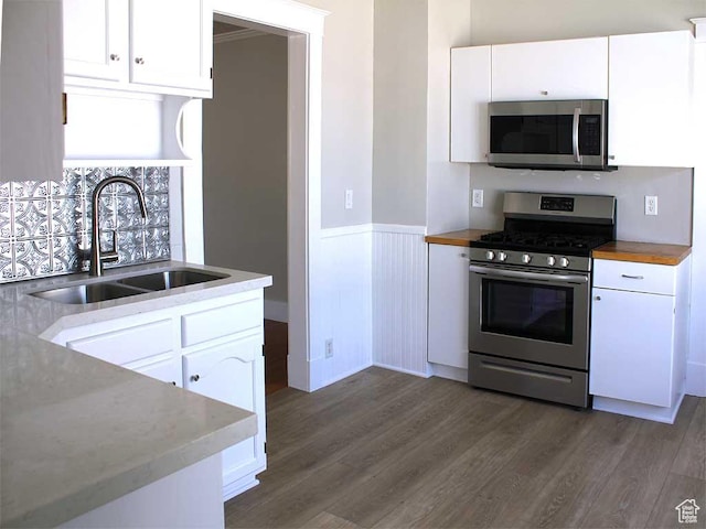 kitchen featuring stainless steel appliances, a sink, dark wood-type flooring, and a wainscoted wall