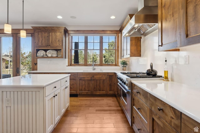 3250 E Thunderhawk Trl, Heber City, UT 84036 - kitchen featuring a sink, light wood finished floors, light countertops, wall chimney exhaust hood, and high end stainless steel range oven