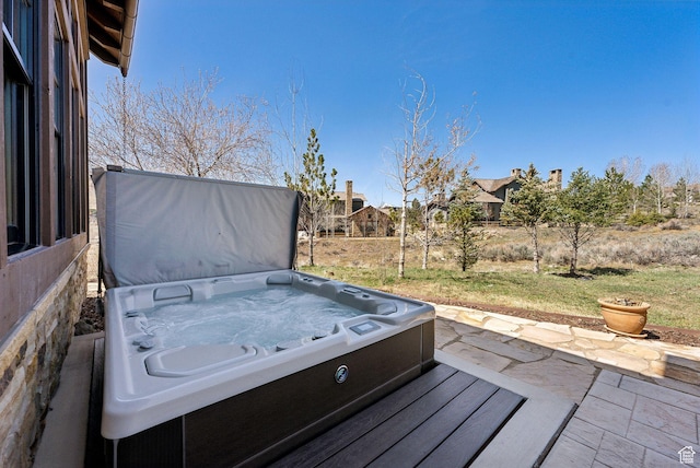 3250 E Thunderhawk Trl, Heber City, UT 84036 - wooden terrace featuring a lawn, a patio, and a hot tub