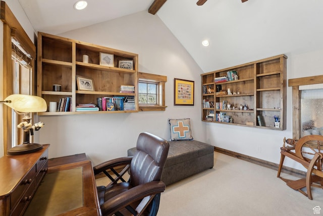 3250 E Thunderhawk Trl, Heber City, UT 84036 - home office with recessed lighting, lofted ceiling with beams, a ceiling fan, and carpet flooring