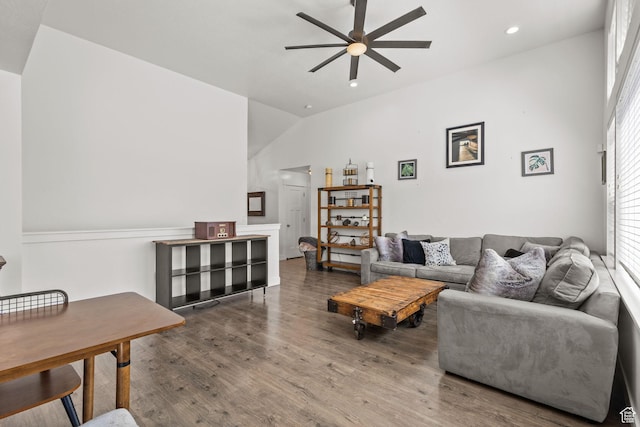 2438 E Lone Hill Dr, Draper, UT 84020 - living area with wood finished floors, recessed lighting, ceiling fan, and lofted ceiling
