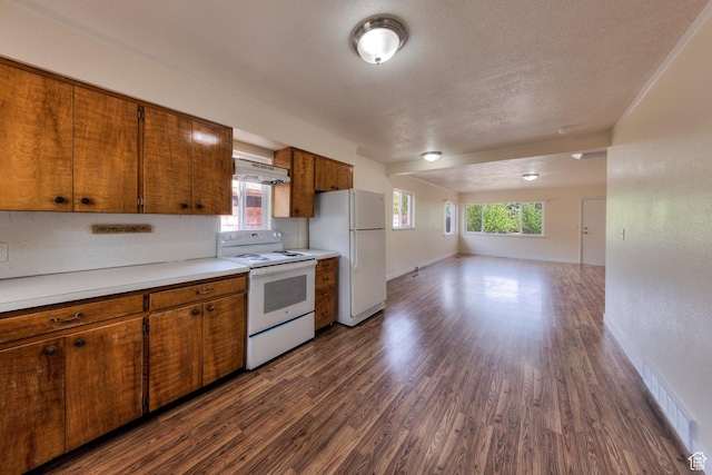 127 Birch Ave, Moab, UT 84532 - kitchen featuring white appliances, dark wood-style flooring, visible vents, and brown cabinetry