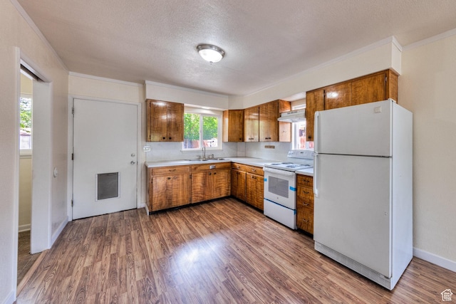 127 Birch Ave, Moab, UT 84532 - kitchen featuring a sink, white appliances, light countertops, brown cabinetry, and under cabinet range hood