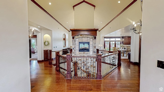 997 W 675 S, Mapleton, UT 84664 - hall featuring wood finished floors, an upstairs landing, a high ceiling, recessed lighting, and baseboards
